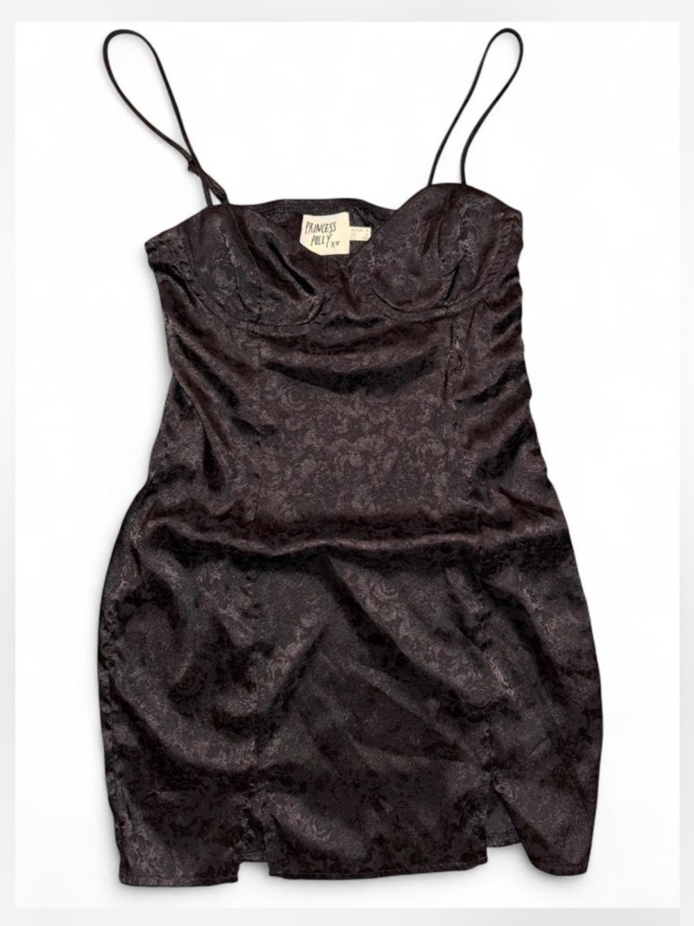 Princess Polly black satin mini dress with subtle floral jacquard pattern 🖤